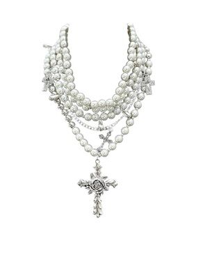 Pearl-Style Multi-Strand Cross Pendant Necklace - Silver